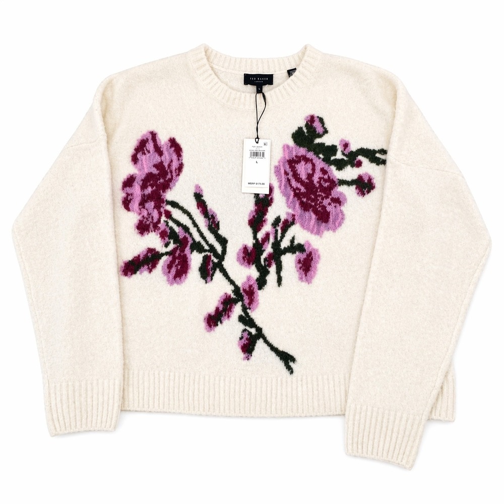 Ted Baker Floral Sweater Womens L Ivory Knit Crewneck NWT Soft Cozy - Picture 3 of 6